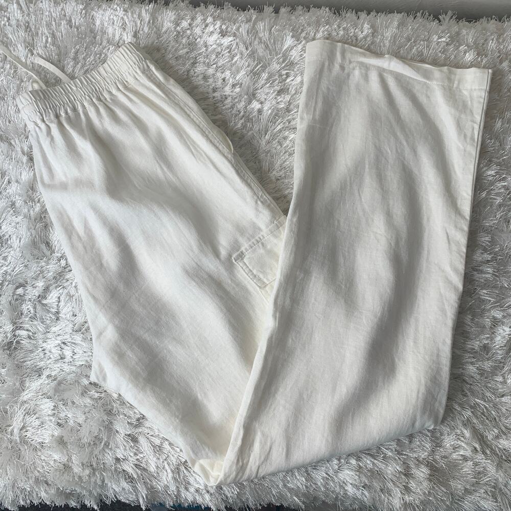 Love Tree White Pull On Linen Pants Elastic Waist Sz Medium